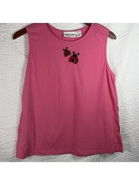 Vintage Tank Top Womens Size L Pink Embroidered Ladybugs Feminine Whimsical